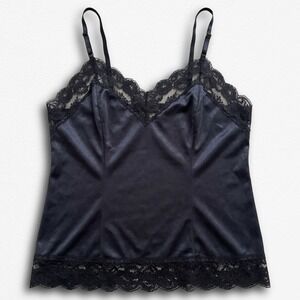 Sliperfection Black Satin Lace Trim Camisole Top Adjustable Straps Womens Medium